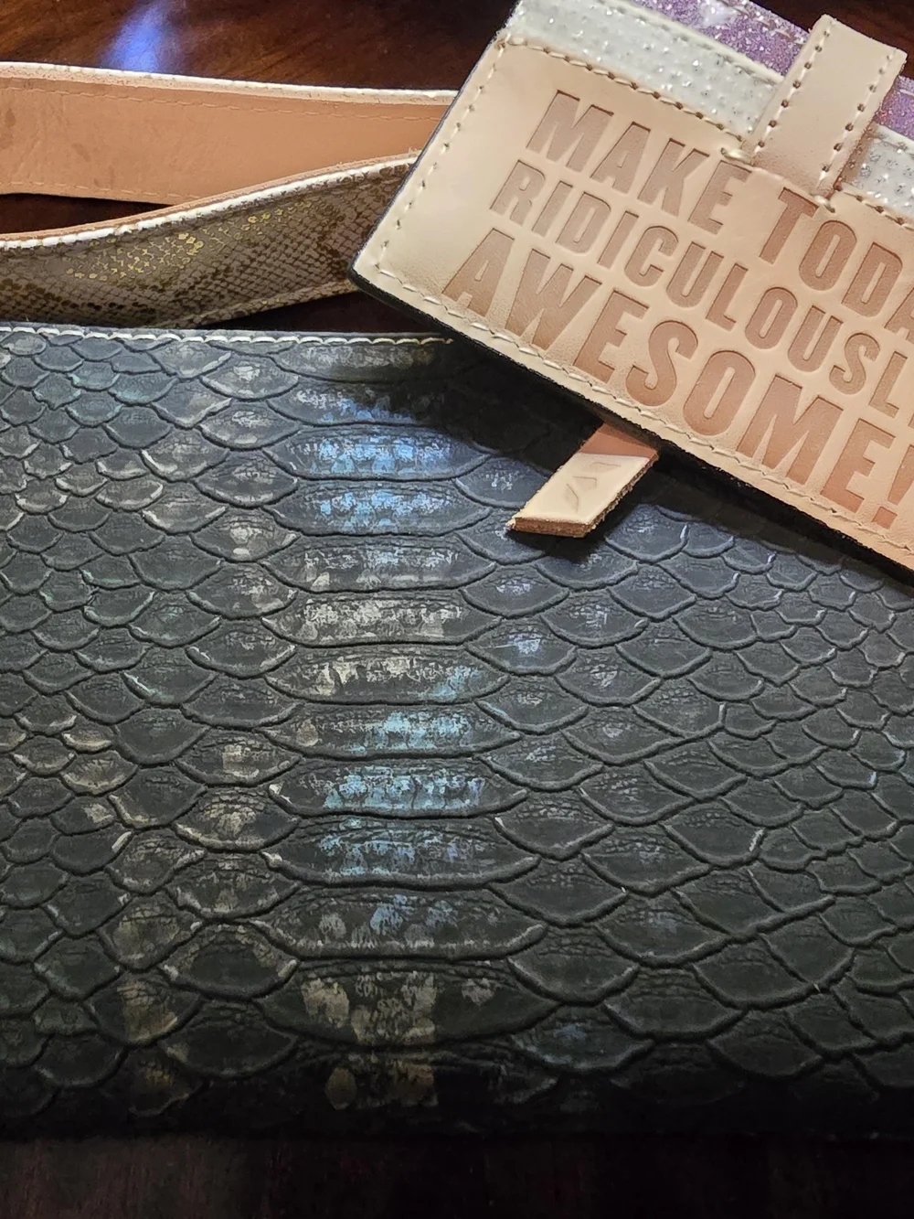 Consuela Black Snakeskin Wristlet with Tan And Pink Cardholder NWOT